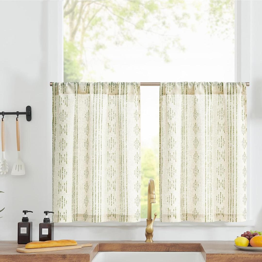 jinchan Boho Kitchen Linen Tier Curtains 30 Inch Bohemian Cafe Curtains Farmhouse Natural Striped Half Window Treatment for Bathroom RV Vintage Small Window Curtains 2 Panels Green on Beige