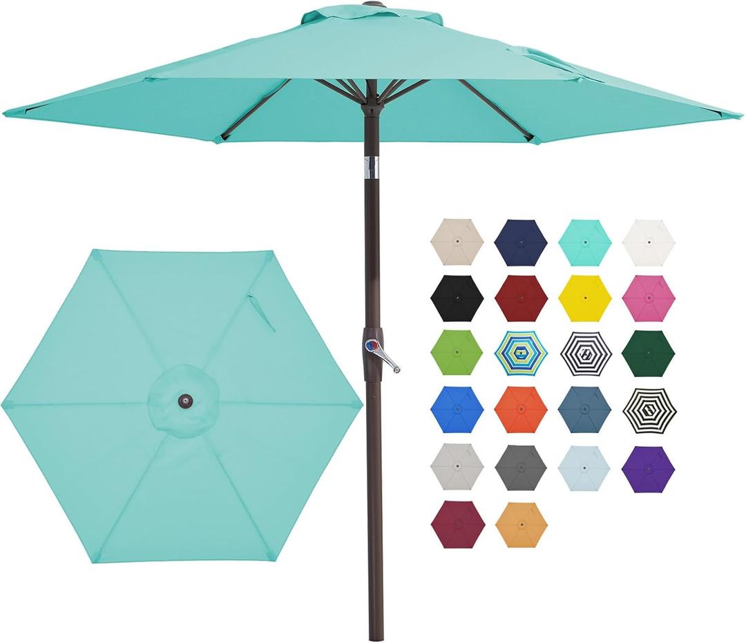 JEAREY 7.5FT Patio Umbrella Market Table Umbrella with 6 Sturdy Ribs, Push Button Tilt/Crank Outdoor Umbrella for Garden, Deck, Backyard, Pool, Peacock Blue