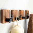 DELITON Towel Hooks for Bathrooms Adhesive, Wood Wall Hooks for Hanging Towels, Robes, Key, No Damage, 4 Pack Utility Hooks for Bathroom and Bedroom (Brown)