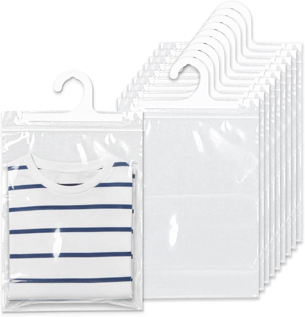 10 Pcs Hanging Storage Bags Reusable Clear HangingBags Clear Hook Hanging Plastic Bags for Classroom Library Armoire Bathroom(10'' x 12.5'')