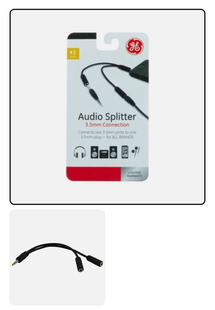 GE 2-Way 3.5mm Headphone Splitter, Black 2 Pack