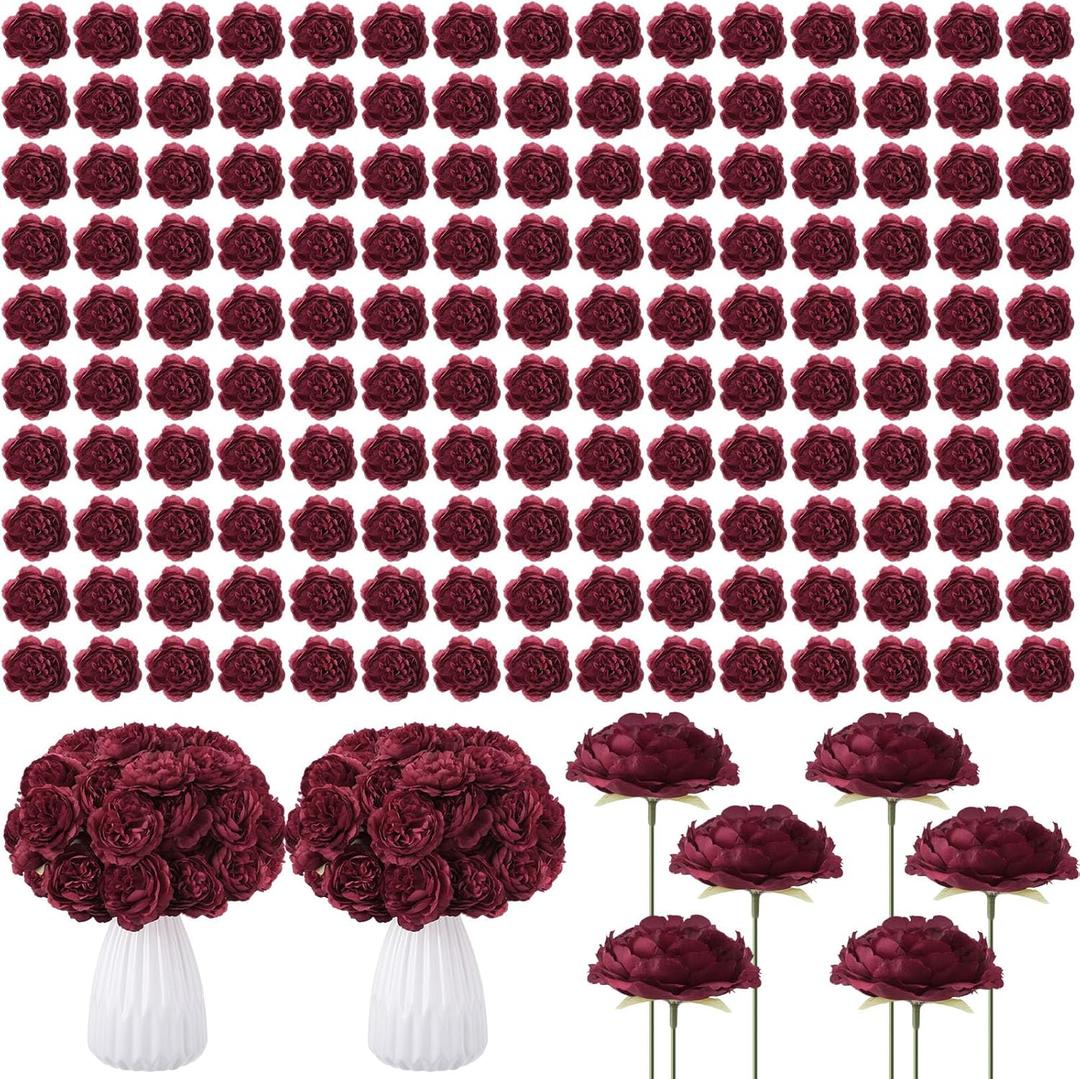 Thiccywoov 400 Pcs Flowers Long Stem Artificial Rose Bulk, 3.2 Inches Silk Rose Head Flowers Fake for Wedding Bridal Bouquet Independence Day Home Floral DIY Centerpieces Party Decoration (Burgundy)