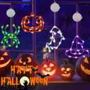 4 Pack Halloween Decorations, Orange Pumpkin, White Ghost, Purple Witch Hat, Green Spider Lights, Battery Operated Halloween Window Lights with Suction Cup and Timer for Decor