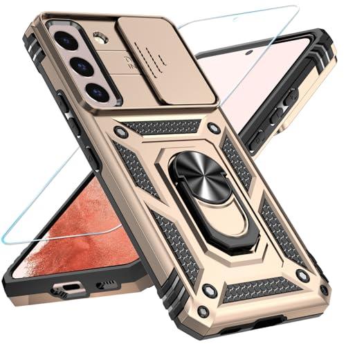 SunStory Phone Case for Samsung Galaxy S22 Plus 5G Case with HD Screen Protector & Slide Camera Cover & Rotated Ring Kickstand, Military-Grade 2 in 1 Phone Case for Galaxy S22 Plus 6.6",Gold