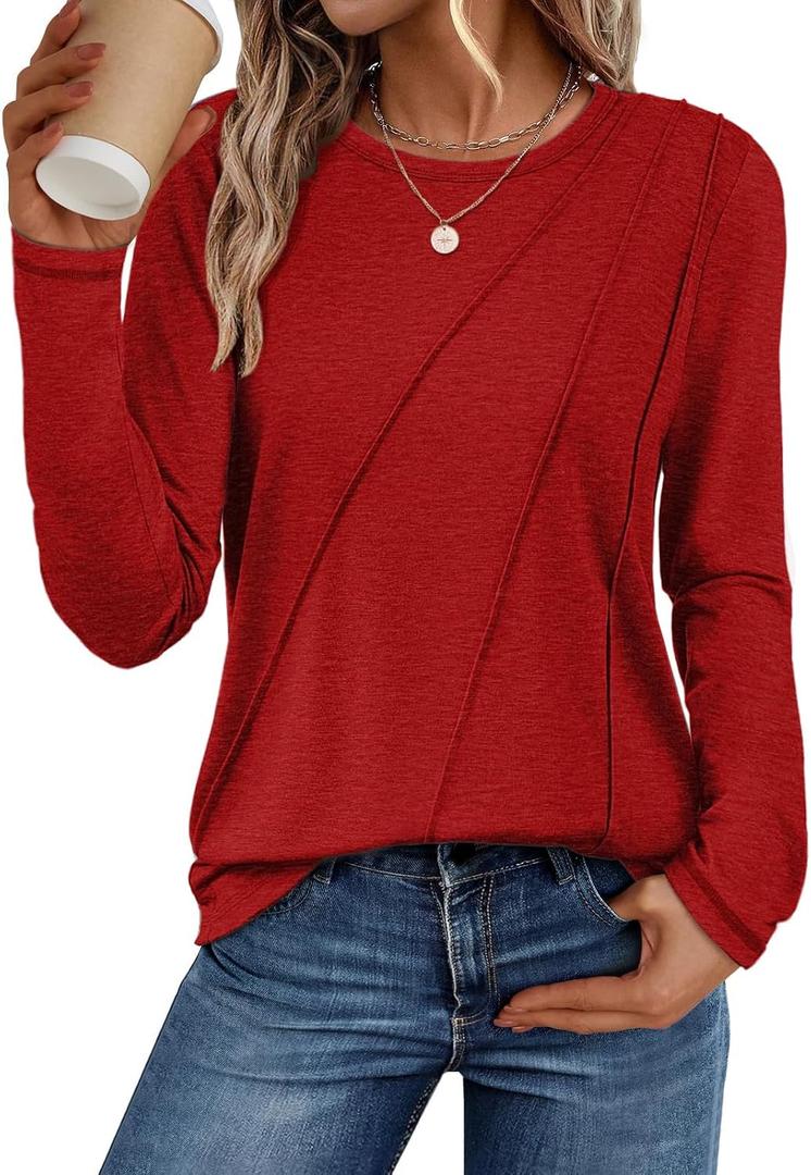 ATHMILE Womens Long Sleeve Shirts Pleated Crew Neck Casual Fall Fashion Ladie Tops Loose Fit Spring Basic Clothes Trendy (Red, M)