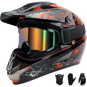 Youth Kids Dirt Bike Helmet Full Face Helmets,Motorcycle Helmets for Boys and Girls 8-14,Includes (Gloves Goggles Mask) 4Pcs Set,Motocross Bike Helmet for Off-Road ATV BMX MX,DOT Approved (Orange,M)