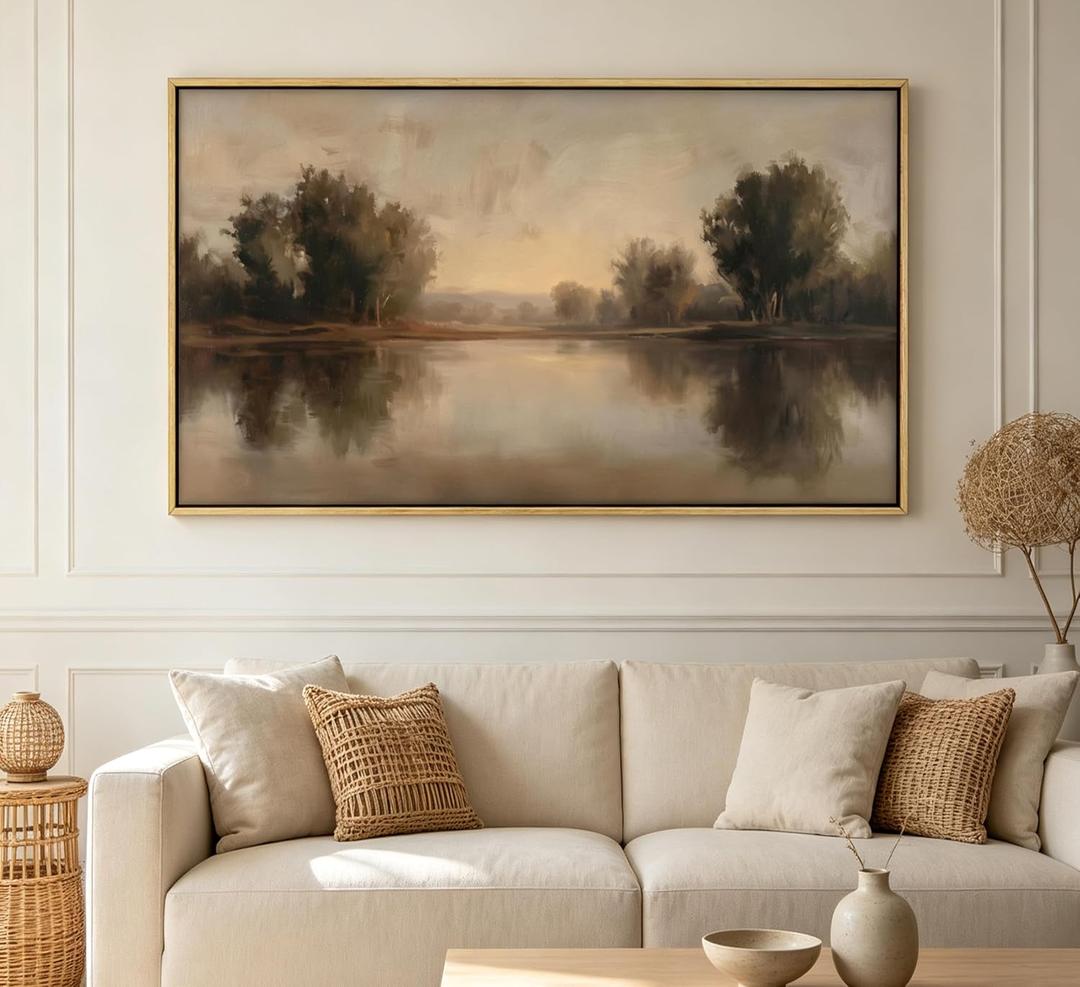 Large Framed Neutral Landscape Wall Art, Country Riverside Canvas Print, 32"LX16"W