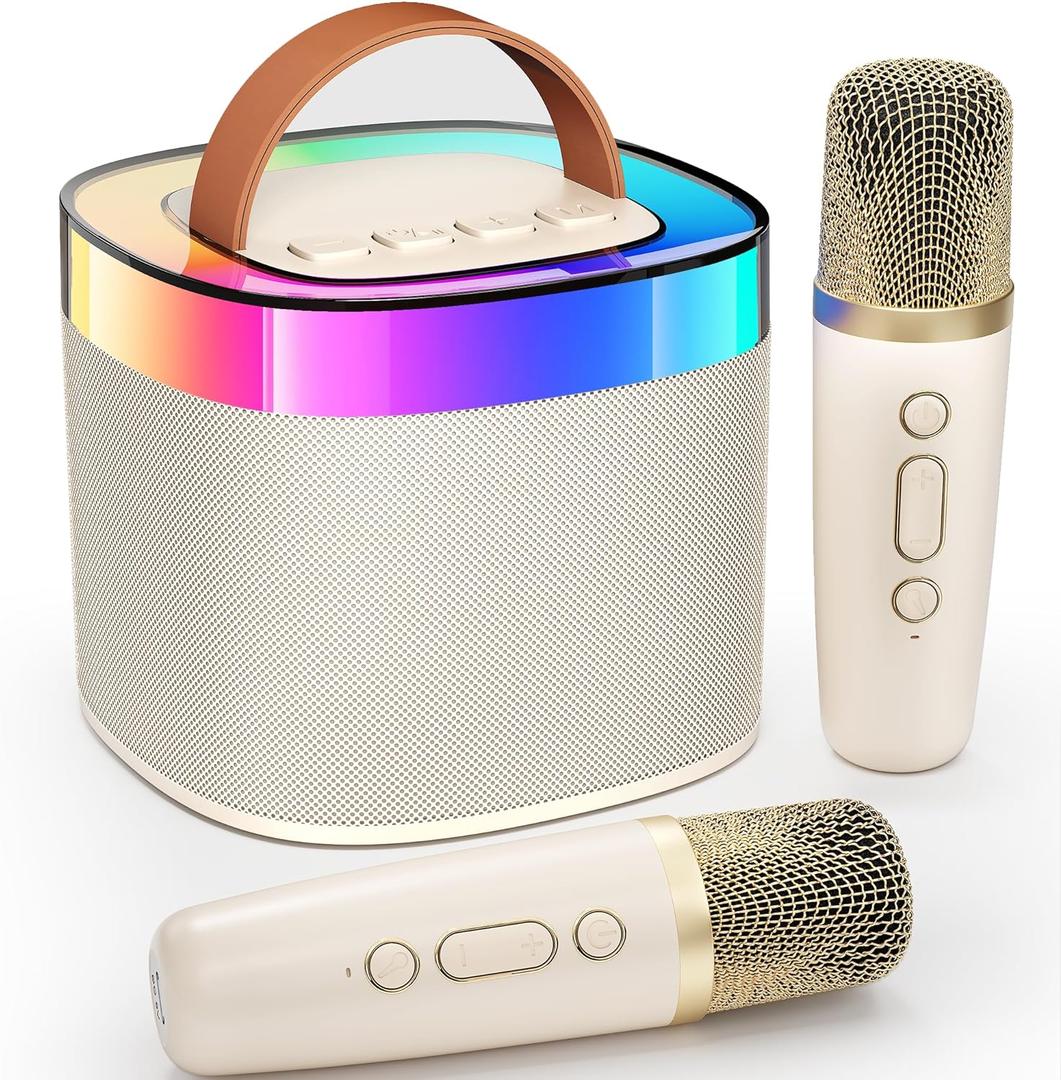 Karaoke Machine for Adults Kids, Portable Bluetooth Karokee Speaker with 2 Wireless Microphones,Singing Karaoke Machine Built-in LED Lights for Birthday Gifts, Family Home Party(Beige)