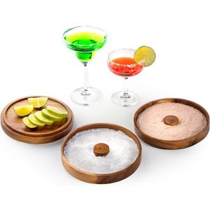 Nucookery 3-Tier Wood Bar Glass Rimmer, 5.6" Margarita Salt Rimmer Set, Sugar and Salt Rimmer Tray for Juice Cocktails, Bartender Bar Party Tool, Drinks Bar Accessories Box for Home Bar (Acacia Wood)