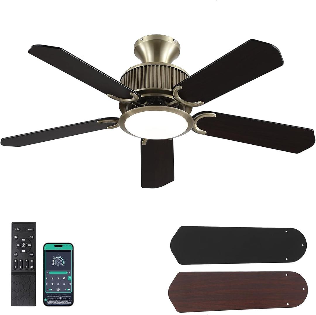 Surtime 44 Inch Low Profile Ceiling Fans with Lights and APP&Remote Control,Farmhouse Flush Mount Ceiling Fan for Indoor/Outdoor,3 Colors Dimmable,5 Reversible Double-Sided Blades(Bronze)