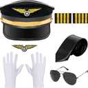HOVEOX 7 Pieces Airline Pilot Captain Costume Pilot Costume Accessories Hat Sunglasses for Men Halloween Cosplay (Black)