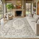 PureCozy 9x12 Washable Area Rug Beige Non Slip Thick Soft Vintage Carpet