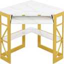 VECELO Corner Computer Desk 41 x 30 inches with Smooth Keyboard & Storage Shelves for Home Office Workstation, White & Gold