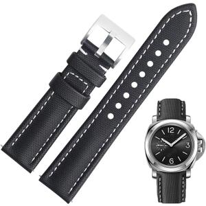 Nylon Leather Watch Band Quick Release Waterproof Resistant Oxford Fabric Durable Hybrid Premium Nylon Fiber Genuine Leather Universal Replacement Strap 18mm 19mm 20mm 21mm 22mm for Men Women (Black White Line)