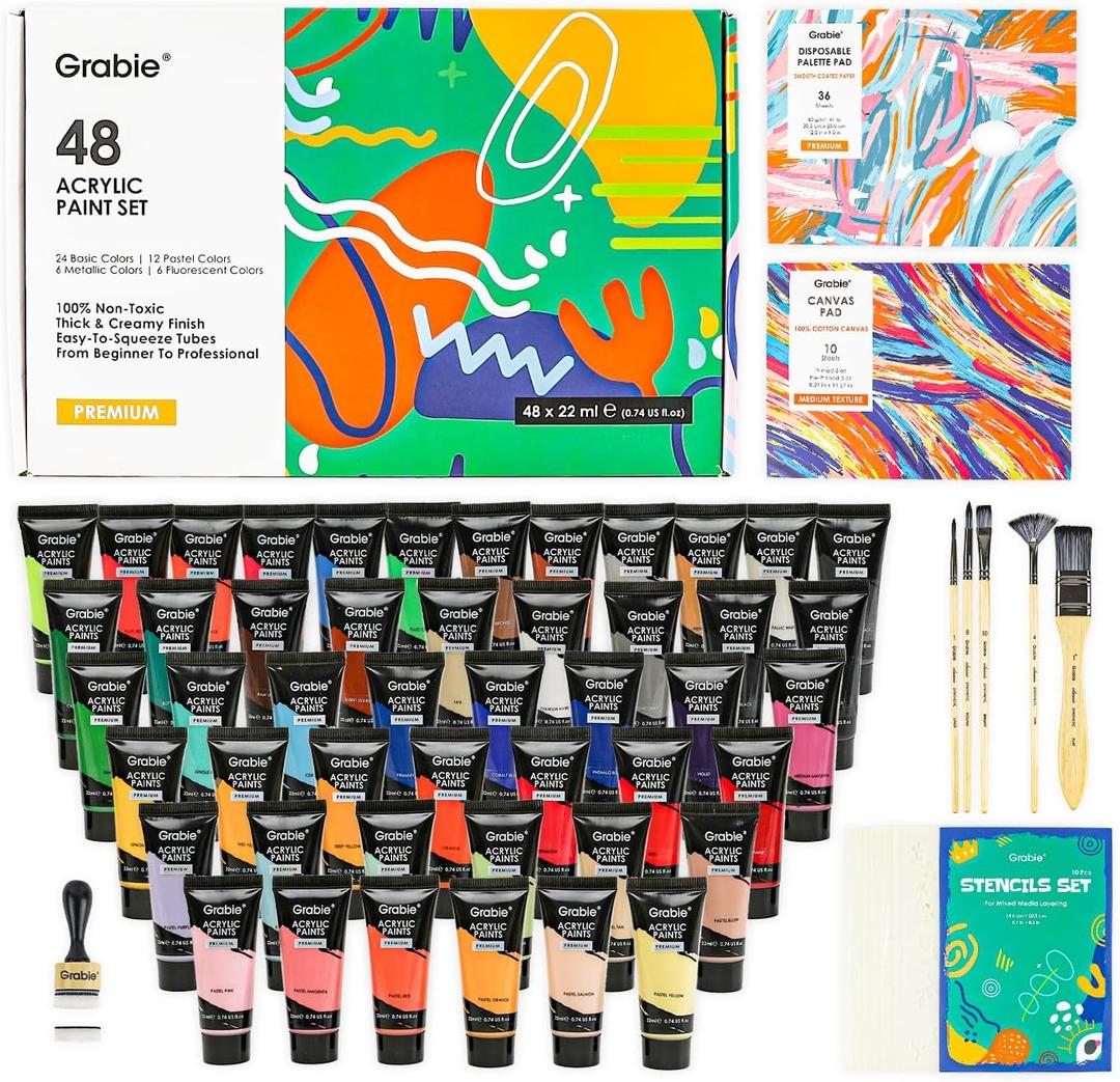 Grabie Acrylic Paint Set, 48 Colors, 5 Paint Brushes, 10-Sheet Canvas Paper, 36-Sheet Disposable Palette Paper, Stencil Set, Blending Tool