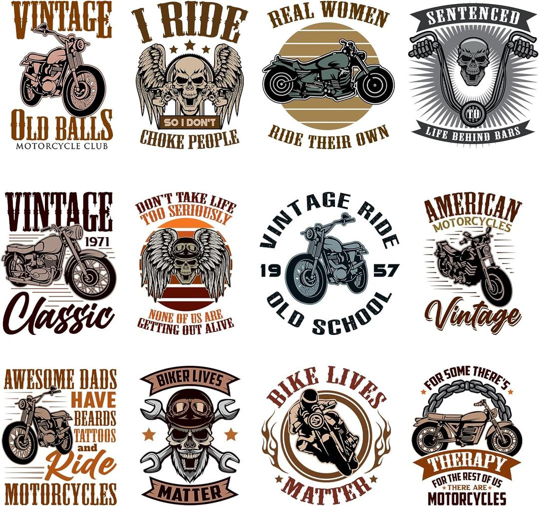 12Pcs Iron on Decals DIY Heat Transfer Stickers Motorbike Iron on Patches for DIY T Shirt Jackets Backpacks Jeans Decoration