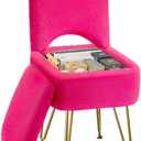 GREENSTELL Small Vanity Stool Chair with Storage and Folding Back, 13.4" x 15" x 30" Square Faux Fur Soft Ottoman, 4 Metal Legs with Anti-Slip Feet, Furry Padded Seat for Makeup, Bedroom, Rose