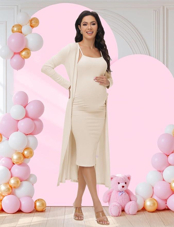 2 Piece Maternity Dress Cardigan Baby Shower Bodycon Fall Tube Maternity Dresses Long Gender Reveal Photoshoot L