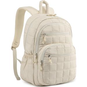 Cute School Backpacks for Teen Girls, 15.6in Laptop Backpack for College Women Bookbag Quilted Computer Bag for Work Casual, Beige