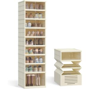 SONGMICS Foldble Shoe Storage Organizer for Closet, Stackable Sneaker Cabinet with Magnetic Door, Large Plastic Container Bins for Living Room, Entryway, 9-Tier for 18 Pairs, Cream White ULSP918WD01