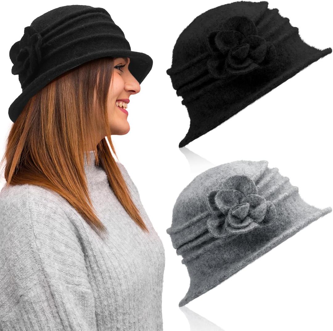 Geyoga 2 Pcs Cloche Hats for Women Fleece Flower Cancer Headwear for Women Chemo Cap 1920s Vintage Wool Bucket Hat for Ladies (Black, Gray)