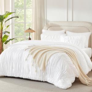 Andency Ruched White Queen Comforter Set, Shabby Chic Pleated Bedding Sets 3 Pieces, Lightweight Soft Boho Ruffle Bed Set for Girls, Kids, Women, All Season (Queen (90"x90"))