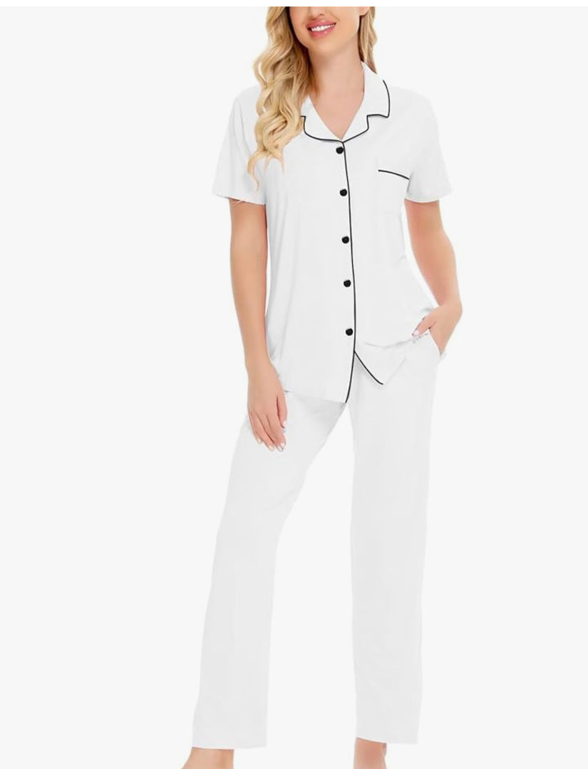 SWOMOG Women Pajama Sets Two-Piece Nightwear Short Sleeve Sleepwear Button Down Pj Lounge Sets with Long Pants Size XS