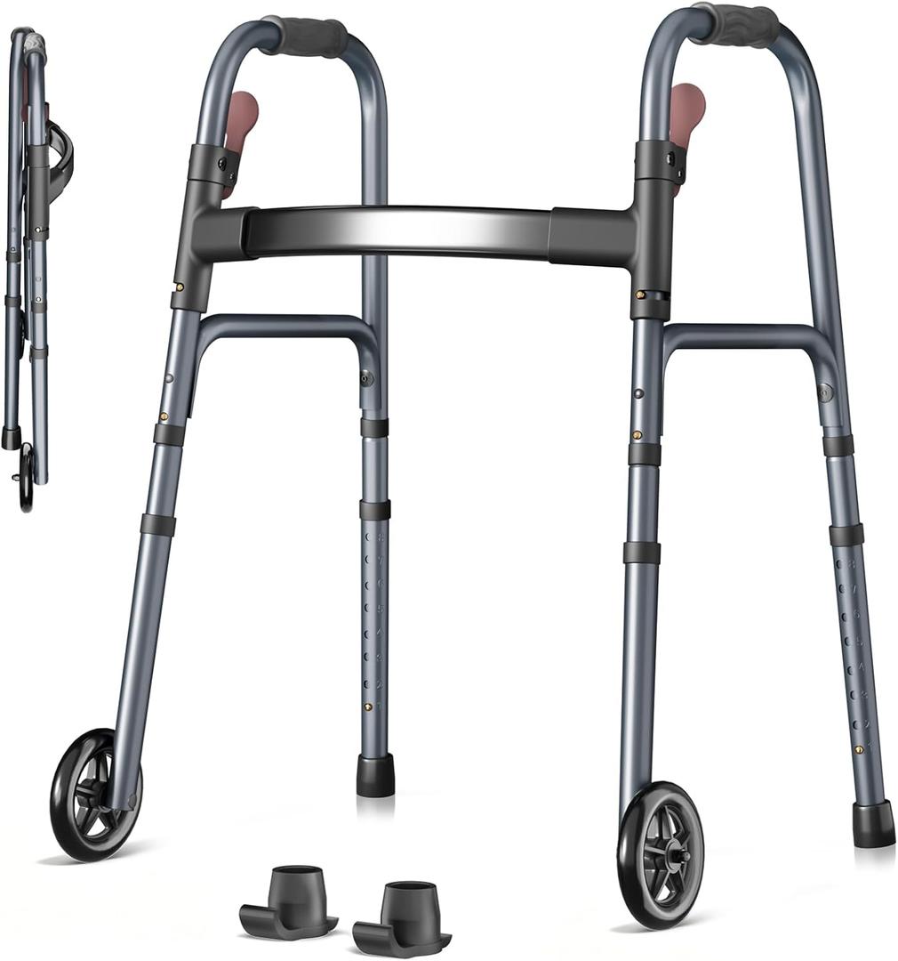HOMLAND Folding Walkers for Seniors with Wheels, Lightweight Rolling Walker, Height Adjustable Standard Walker with Aluminum Frame, Silver