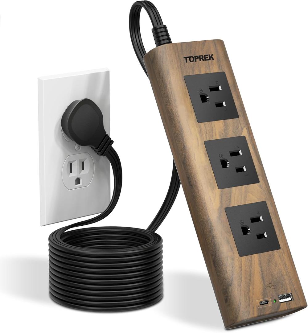 TOPREK Power Strip Surge Protector (1800J), 10 FT Flat Extension Cord with Ultra Thin Flat Plug, 3 Widely-Spaced Outlets with 1 USB-C & 1 USB-A, Wood Finish USB Charging Station for Home, Office, Dorm (Brown)