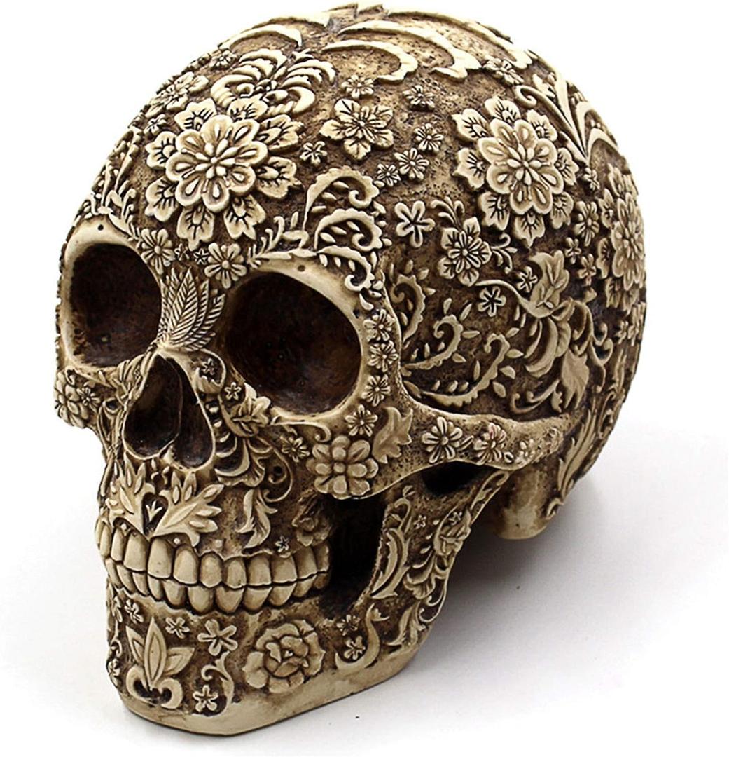 UJOY Creative Skull Flowers Sculpture 8.1'' Human Head Skeleton Statue Collectible Halloween Decoration Home Decor