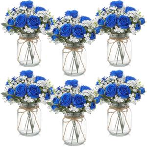 Zeyune 6 Sets Mason Jar Centerpiece Table Decorations, Artificial Peony Baby's Breath Flower Bouquets, Faux Flowers with Vase, Rustic Decor Gifts for Home, Wedding, Holiday (Royal Blue)