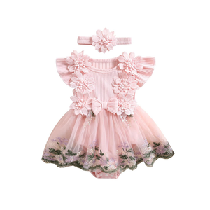 Douhoow Baby Girl Dress Romper Baby Romper Dress Flowers Embroidery Tulle Skirt Infant Girl Summer Clothes with Headband, Size 9-12 months