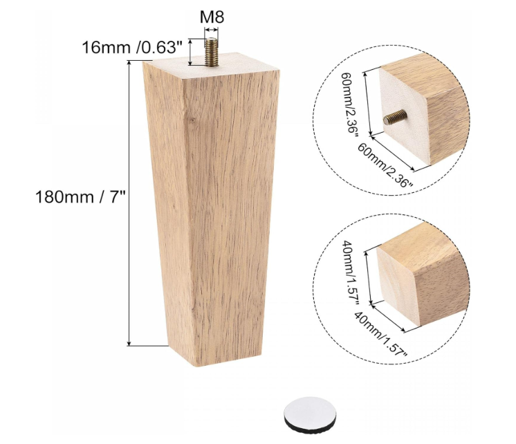 uxcell Furniture Legs, 7 Inch(180mm) Set of 2 Square Solid Wood Couch Legs Feet Chair Table Feet Sofa Support Replacement Parts, Light Brown