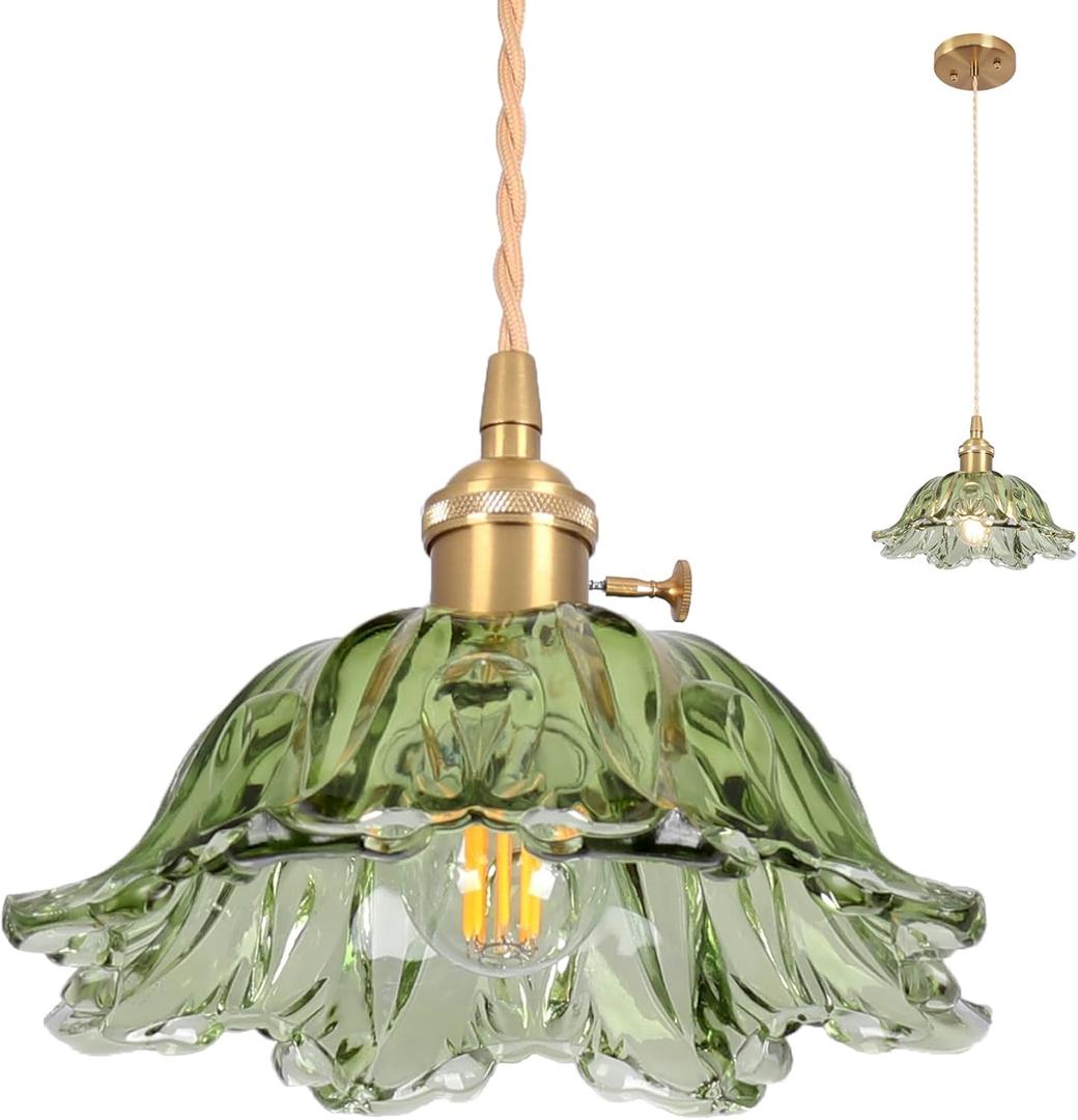Glass Pendant Light Vintage Light Fixtures,Green Modern Chandelier Pendant,E26 Pendant Lights Kitchen Island,10.6 inch Hanging Lamp for Bedroom Hotel Dining Room 1 Light (Hardwired 1 pack)