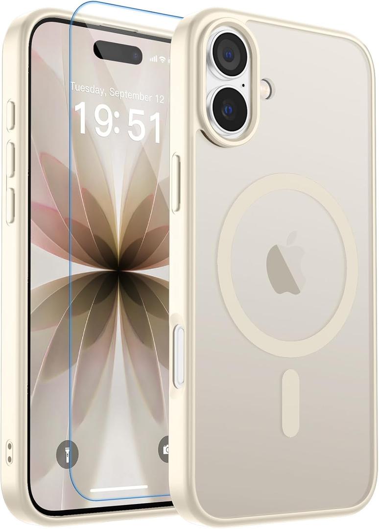 Magnetic for iPhone 17 Case, [Compatible with MagSafe] [with 1 Tempered Glass Screen Protector] Translucent Matte Shockproof Anti-Scratch Phone Cover, Antique White
