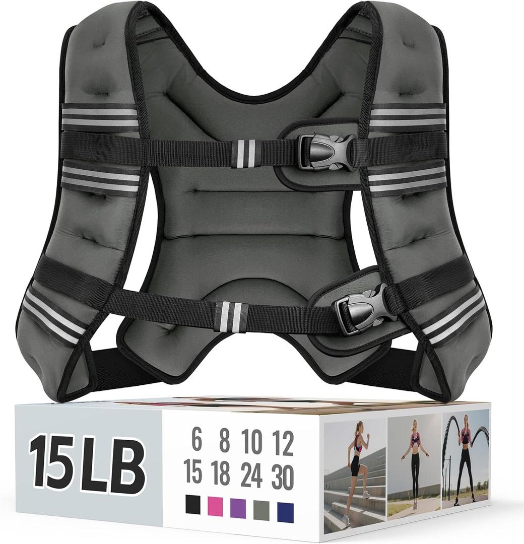 Weighted Vest for Women & Men with Reflective Stripe and Adjustable Buckle, Comfortable & Durable Rucking Vest for Walking, Running & Strength Training (15 lb, Gray)