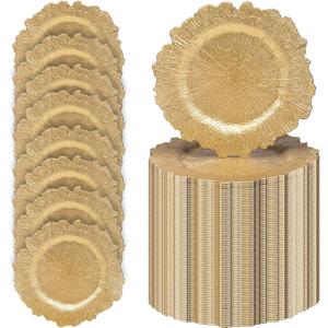 MAONAME 13" Gold Charger Plates, Round Reef Chargers for Dinner Plates, Plastic Plate Chargers Bulk for Table Setting, Wedding Decor, Set of 100