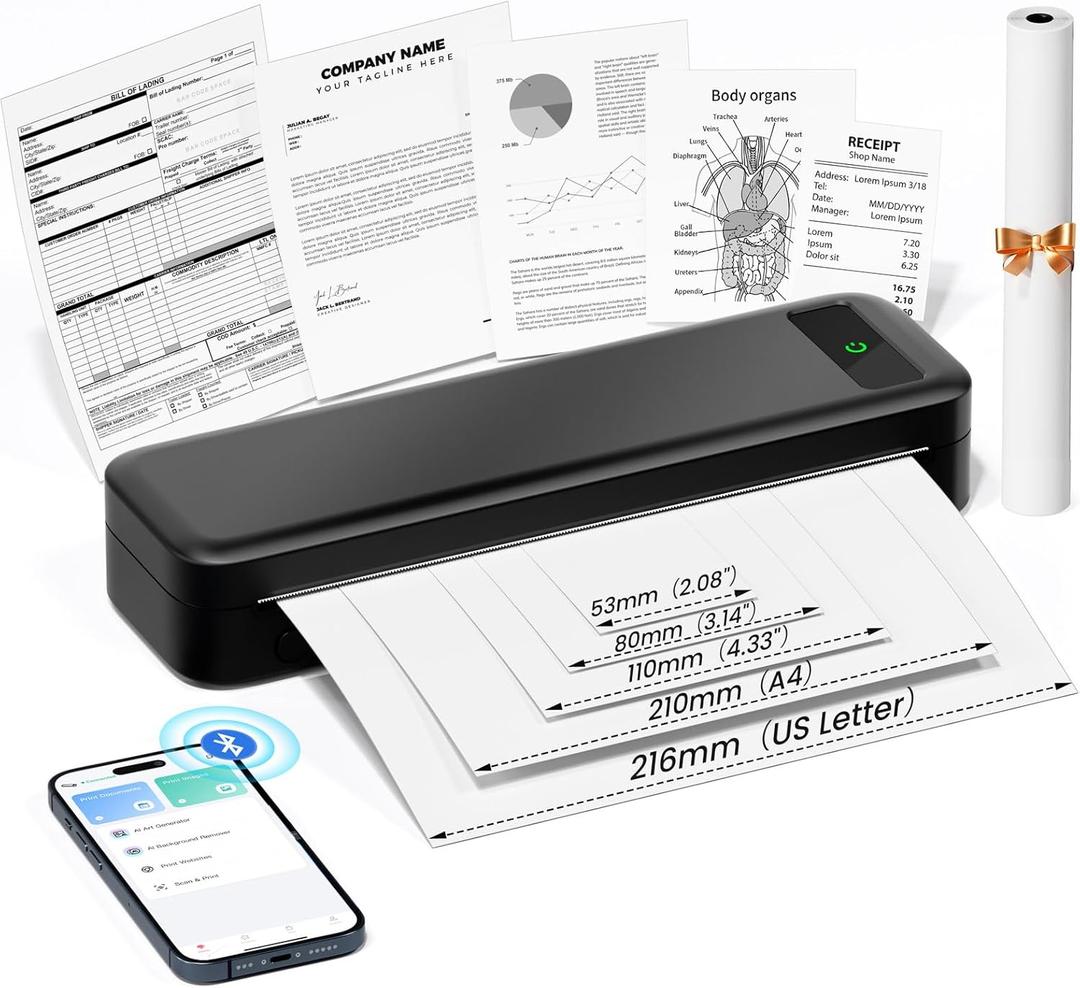 Portable Printers Wireless for Travel, A285M Small Inkless Thermal Printer, Bluetooth Mobile Printer Support 8.5" X 11" Letter & A4 Thermal Paper, Compatible with iPhone Laptop for Home Office Receipt (Black)