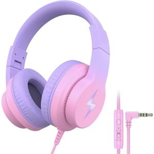 Kids Headphones, Wired Headphones for Kids Over Ear with Microphone, 85/94dB Volume Limiter Headphone for Girls Boys, Foldable Headphone for Learning & Entertainment, Gradient Red