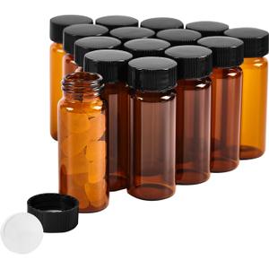 QOAEZK 15 PCS 4ML Amber Small Liquid Sample Glass Vials with Screw Caps,1Dram 15x45mm Leak-Proof Vial, 13-425 Black Screw Cap with PE Liners for Lab, Essential Oil, Perfume, Reagents