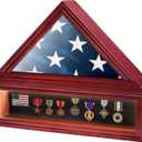 Military Veteran Flag Display Case Shadow Box with Led Lights, 3'x5' American Military Flag Holder with Certificate Document Holder and Military Medal Display Frame Acrylic Covered , Mahogany Finish