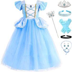 Blue Princess Costume Dress for Girls Kids Halloween Cosplay Party Outfit with Accessories (3-4 Years)