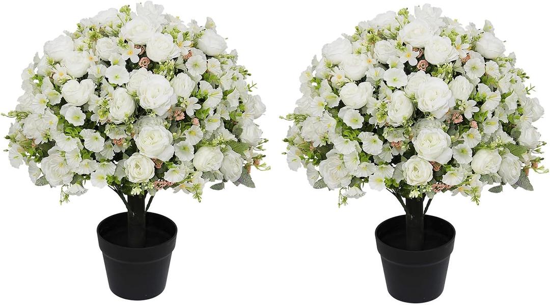 24" Artificial Potted Flowers for Outdoors, Silk Peony Faux Plants | Set of 2, UV Resistant, Realistic White Peonies, Weighted Cement Pots, Front Porch Decor
