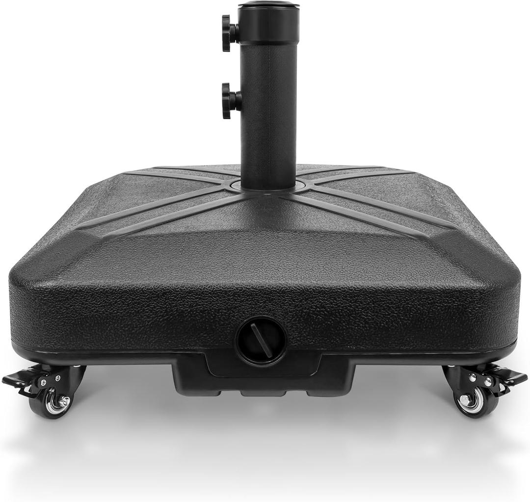 DZ4733 MS Patio Umbrella Base Heavy Duty with Wheels Square Market Stand for Outdoor 4 Locks 1 Knobs 125lb Capacity, Black
