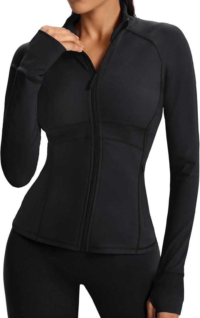 Waitfairy Zip Up Jackets for Women Yoga Gym Top Running Workout Jackets for Woman Track Jacket Women with Thumb Holes (Small, Black)