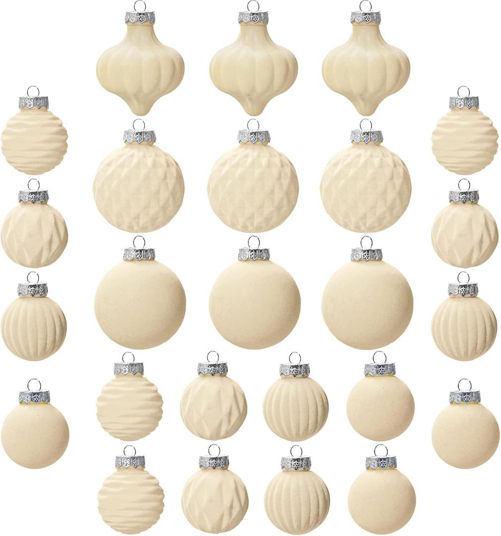 Christmas Tree Ornaments Velvet Balls - 25 pcs Flocked Cream Christmas Ornaments - Vintage Style Xmas Tree Ball Decor for Indoor Outdoor Holiday Decorating Shatterproof, Home, Office, Gift (Normal)