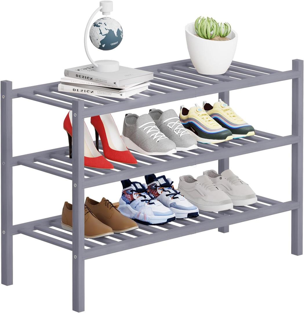 3 Tier Bamboo Shoe Rack Storage Organizer for Closet, Multifunctional Stackable Free Standing Shoe Shelf Organizer for Small Space,Entryway, Hallway, Bathroom27 x11 x20 (Grey, 3 Tier)