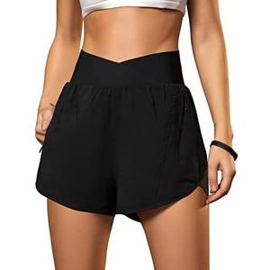 Blooming Jelly Women's Workout Shorts Athletic Running Shorts Crossover High Waisted Gym Shorts with Zipper Pockets XL