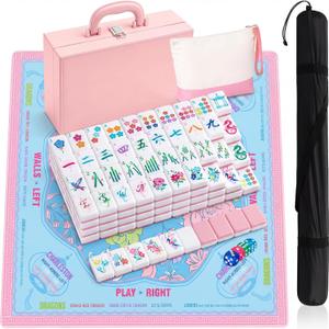Soulchen 1.2in American Mahjong Tiles Set with Noise Reducing Mat 168 Acrylic Engraved Mahjong Game Tiles with Portable Storage Bags and 4 Dice for Adults Family Friends Collection Travel Game(Pink)