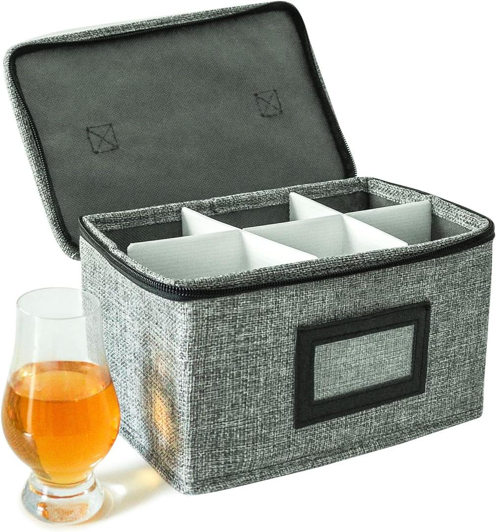 HURZMORO Storage Box for Glencairn Whisky Glass,6 Whiskey Glasses Holder for Organizer, Fully-Padded Inside with Sturdy Construction, Packing Boxes with Dividers- Perfect Whiskey Gift (6 Compartments)